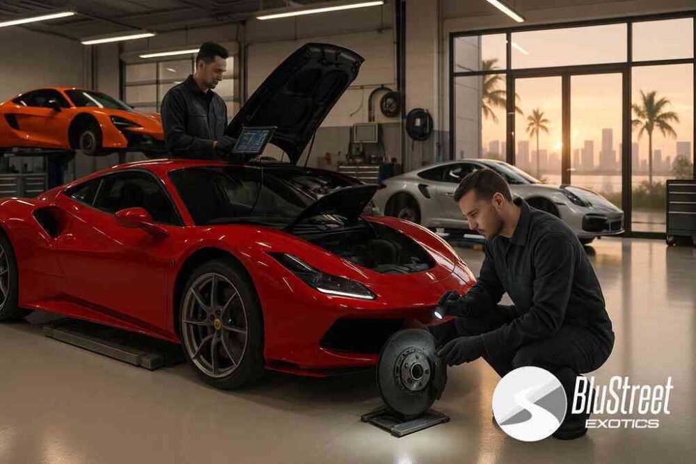 Supercar maintenance at BluStreet Miami Exotic Car Rentals